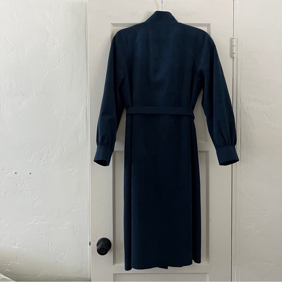 Vintage Hong Kong dark teal blue microsuede long wrap coat trench coat Medium - Picture 12 of 15